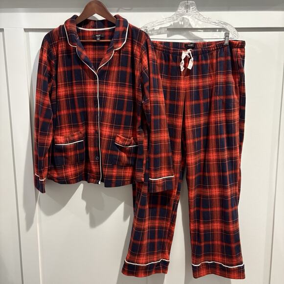 Plaid Pajama Set Womens XL Red Navy Tartan Lounge Button Top & Bottoms Soft Cozy - Picture 1 of 12